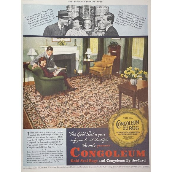 Congoleum Gold Seal Rugs Vintage Print Ad 1936 Kearny NJ u Original - Picture 1 of 6